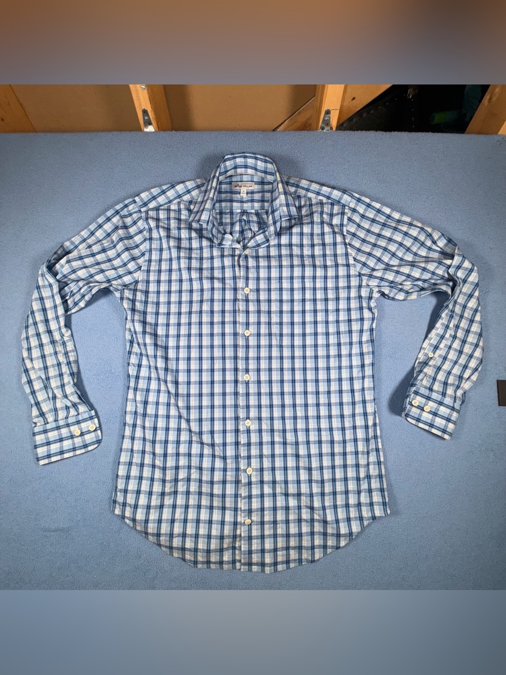 Peter Millar Blue and White Plaid Dress Shirt